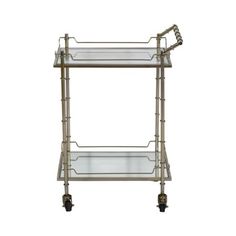 a metal and glass serving cart on wheels