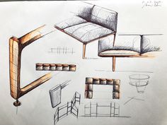 sketches of furniture are shown on a piece of paper, including a chair and table