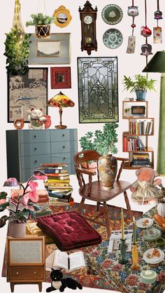 a room filled with lots of different types of furniture and decor on top of a rug