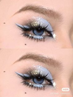 Blue Ethereal Makeup, Ice Fairy Makeup, Jellyfish Makeup Ideas, Periwinkle Makeup Looks, Snowflake Eye Makeup, Blue Fairy Makeup, Makeup For Almond Eyes, Jellyfish Makeup, Eye Makeup For Small Eyes