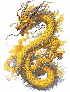 a yellow dragon with flames on it's body