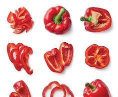 sliced red bell peppers on white background