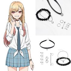 an anime character wearing black and white clothing with various accessories including bracelets, necklaces and earrings