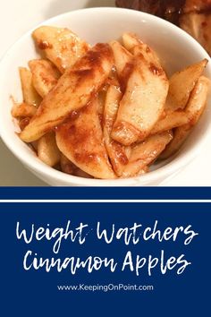 a white bowl filled with cinnamon apples on top of a table