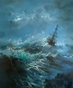 a painting of a ship in rough seas