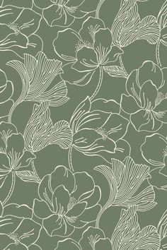 a green floral wallpaper with white flowers on it's sides and leaves in the middle