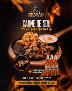 a menu for a mexican restaurant with food and drinks on it's side, in front of flames