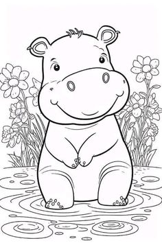 a cartoon hippo sitting in the water with flowers around it's neck and eyes