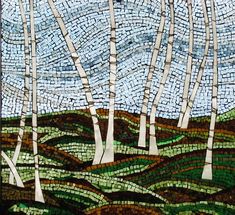 a mosaic painting with trees and grass in the background