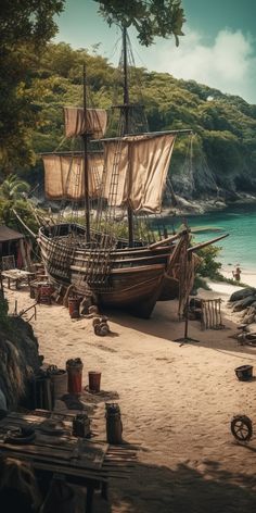 an old pirate ship is docked on the beach