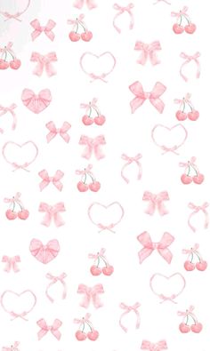 pink bows, cherries and hearts on a white background