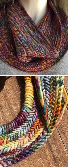 two pictures show the same scarf with different colored yarns on it, and one shows an