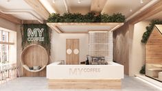 the interior of a coffee shop with wooden accents