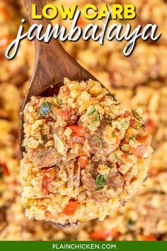 low carb jambajaa rice in a wooden spoon with text overlay