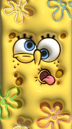 the spongebob phone case is yellow with blue eyes and pink nose, which has flowers on it