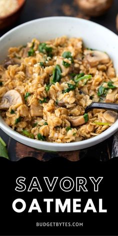 savory oatmeal with mushrooms and spinach in a white bowl