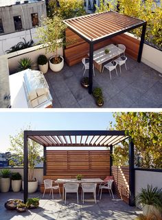 two pictures of an outdoor dining area with wooden pergoline and white table chairs