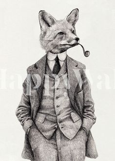 a pencil drawing of a fox wearing a suit and tie with a pipe in its mouth