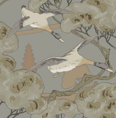 two birds are flying in the air near some trees and flowers on a gray background