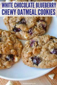 white chocolate blueberry chewy oatmeal cookies on a plate with text overlay