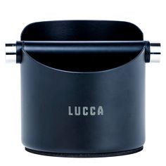 a black cup holder with the word lucca on it's side and two silver handles