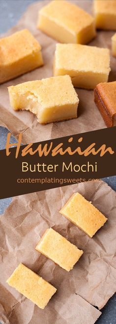 several pieces of cake sitting on top of wax paper next to each other with the words hawaiian butter mochi written above them