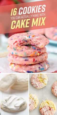 some cookies and icing on top of each other with the words 16 cookies you can actually make with cake mix