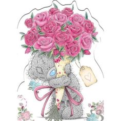 a drawing of a teddy bear with roses in it's head holding a bouquet of pink roses