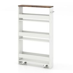 a white book shelf with wheels and a wooden top