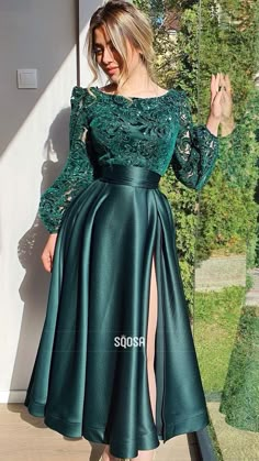 A-LINE SCOOP LACE LONG SLEEVES GREEN FORMAL EVENING GOWNS QP1202 Beaded Evening Gowns, Soiree Dress, Lace Cutout, Evening Gowns Formal, Evening Party Dress, Classy Dress