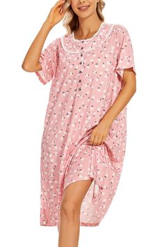 PRICES MAY VARY. Womens nightgown: Ladies nightgowns are made of 65% Cotton, 35% Polyester, soft, lightweight, comfortable and breathable. Ultra-smooth against the skin that providing you with superior comfort, keep you easeful all the time. Details of women night gown: Women Short Sleepshirts features round neck with lace trim, luxury shinning shell buttons, cute short sleeves, loose fitting, right length that cover your knee & above your ankle. Sleepwear side pockets on each side of the nights Diy Night Gowns For Women, Ladies Nightgowns, Womens Nightgown, Casual Gowns, Nursing Nightgown, Delivery Gown, Muumuu Dress, Night Gowns, Women Sleepwear