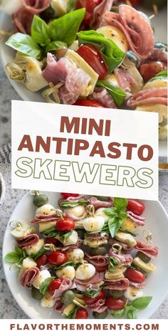 an assortment of different types of appetizers with text overlay that reads mini antipasto skewers