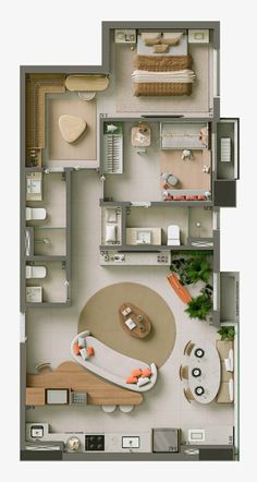 an overhead view of a living room and bedroom in a house plan, with furniture arranged on the floor