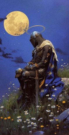 a painting of a knight sitting on a chair in front of a full moon and flowers