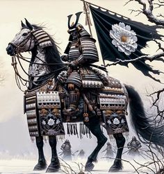 a man riding on the back of a black horse next to a white and gray flag