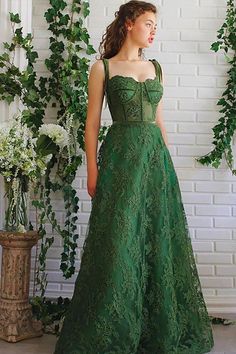 A Line Sweetheart Dark Green Lace Long Prom Dress With Pocket,WP321 winkbridal Green Aline Formal Dress, Emerald Corset Prom Dress, Emerald Green Lace Prom Dress, Ball Dresses Emerald Green, Poison Ivy Wedding Dress, Corset Top Dress Prom, Green Prom Dress Corset Top, Prom Green Dresses, Prom Dresses 2023 Green