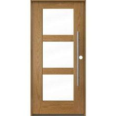 a wooden door with glass panels and a metal handle on the bottom half of it