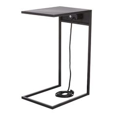 a black table with an electrical outlet attached to the top and one wire connected to it