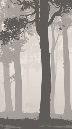 an image of a foggy forest scene with trees and deer in the foreground