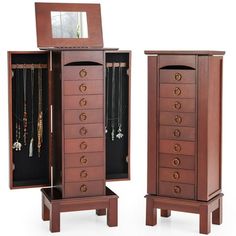 two wooden jewelry cabinets with drawers and mirrors on top of each drawer, one holding necklaces