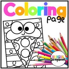 a coloring page with colored pencils and an image of a cartoon character on it