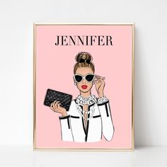 a pink poster with an image of a woman wearing sunglasses and holding a black purse