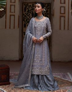 Grey Pakistani Wedding Dress in Kameez Sharara Style Faiza Saqlain, Pakistani Sharara, Desi Wedding Dresses, Raw Silk Fabric, Pakistani Wedding Dress, Silk Bottoms, Amritsar, Grey Dress