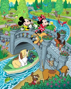 mickey mouse and other disney characters on a bridge over a river with many animals around it