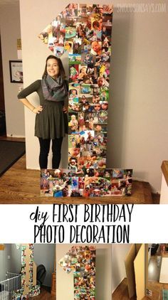 the first birthday photo decoration is made out of photos and magnets that are stacked on top of each other