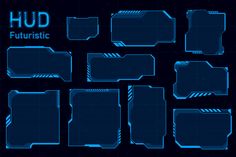 a set of futuristic blue frames for text or photos on a dark background with lines and rectangles