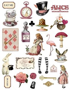 an image of alice and the wonderland tea party stickers on a white background with pink flowers