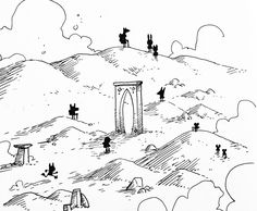 a black and white drawing of people standing on a hill with an arch in the middle