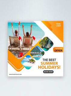 a brochure with two people sitting in chairs on the beach and an orange background