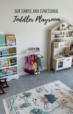 a child's playroom with bookshelves and toys